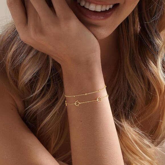 Dainty Double-Layer Flower Bracelet Set - 14K Gold Plated for Everyday Elegance - Picture 2 of 7